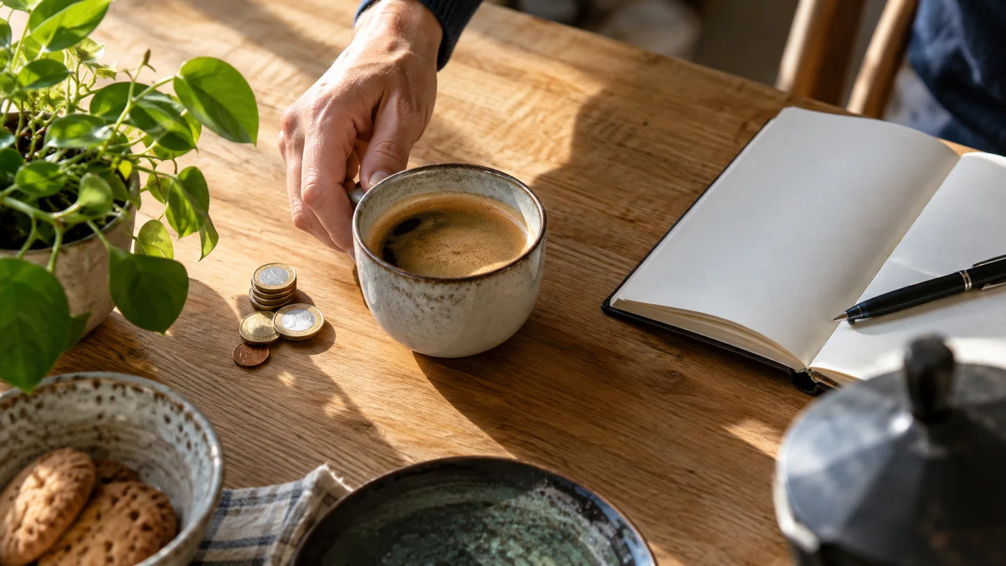 AI-sfeerbeeld: Koffie, een notitieboek en munten op een keukentafel.