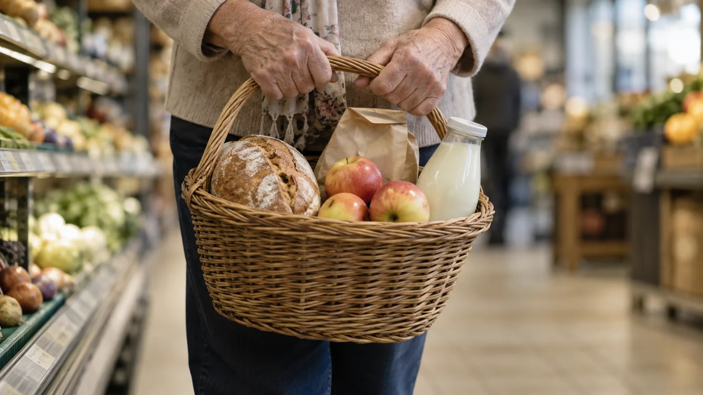 AI-sfeerbeeld: Boodschappen in een mand, vastgehouden door oudere handen.