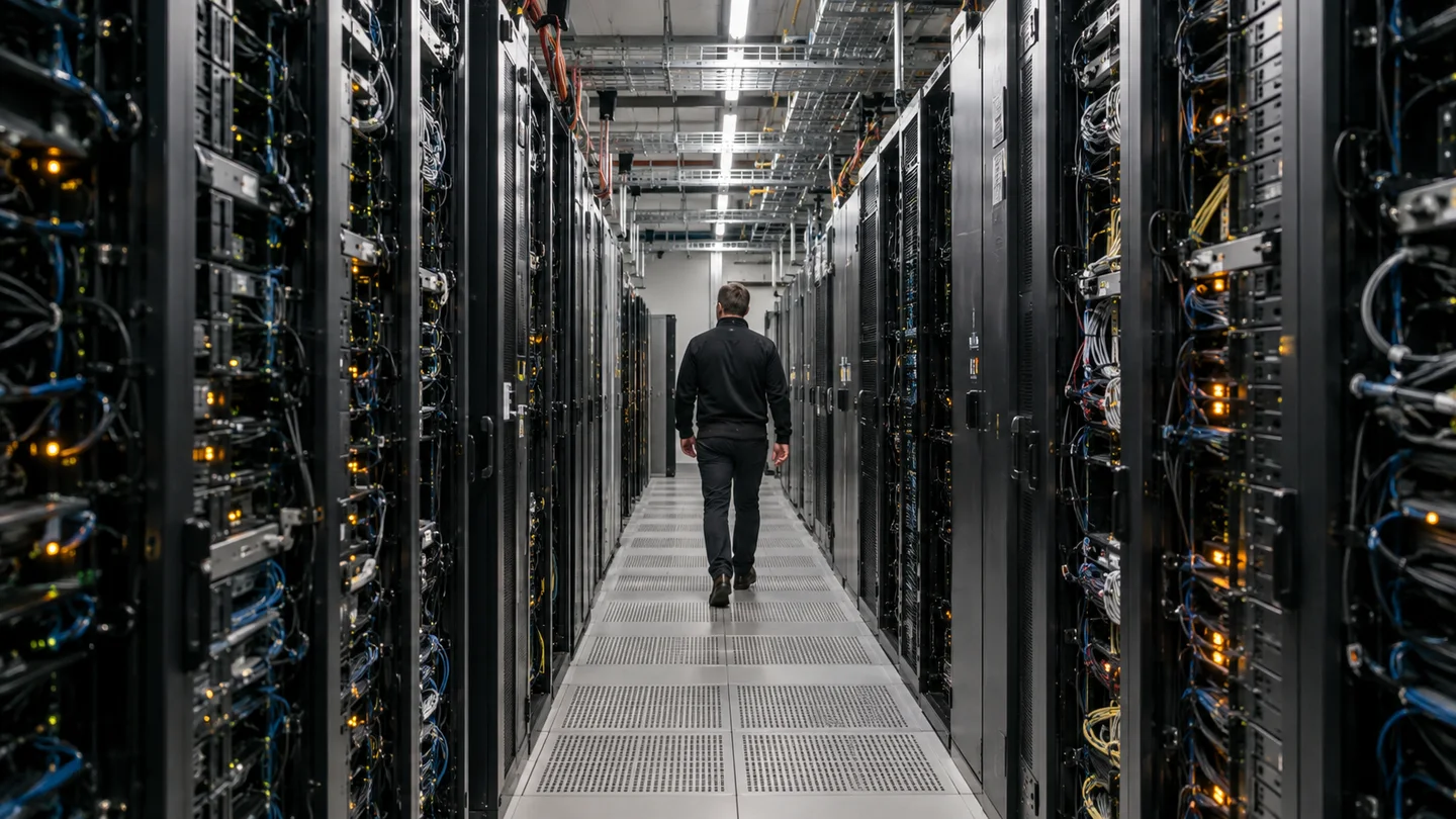 AI-sfeerbeeld: Een gang met computerapparatuur en kabels.